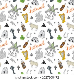 Ireland Sketch Doodles Seamless Pattern. Irish Elements with flag and map of Ireland, Celtic Cross, Castle, Shamrock, Celtic Harp, Mill and Sheep, Whiskey Bottles and Irish Beer, Vector Illustration.