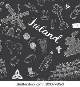 Ireland Sketch Doodles Seamless Pattern. Irish Elements with flag and map of Ireland, Celtic Cross, Castle, Shamrock, Celtic Harp, Mill and Sheep, Whiskey Bottles and Irish Beer, Vector Illustration.