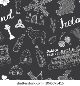 Ireland Sketch Doodles Seamless Pattern. Irish Elements with flag and map of Ireland, Celtic Cross, Castle, Shamrock, Celtic Harp, Mill and Sheep, Whiskey Bottles and Irish Beer, Vector Illustration.