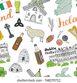 Ireland Sketch Doodles Seamless Pattern. Irish Elements with flag and map of Ireland, Celtic Cross, Castle, Shamrock, Celtic Harp, Mill and Sheep, Whiskey Bottles and Irish Beer, Vector Illustration.