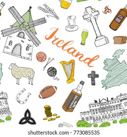Ireland Sketch Doodles Seamless Pattern. Irish Elements with flag and map of Ireland, Celtic Cross, Castle, Shamrock, Celtic Harp, Mill and Sheep, Whiskey Bottles and Irish Beer, Vector Illustration.