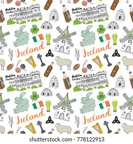 Ireland Sketch Doodles Seamless Pattern. Irish Elements with flag and map of Ireland, Celtic Cross, Castle, Shamrock, Celtic Harp, Mill and Sheep, Whiskey Bottles and Irish Beer, Vector Illustration.