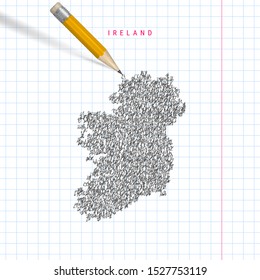 Ireland sketch scribble map drawn on checkered school notebook paper background. Hand drawn vector map of Ireland. Realistic 3D pencil with rubber.