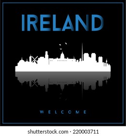 Ireland skyline silhouette vector design on parliament blue and black background.