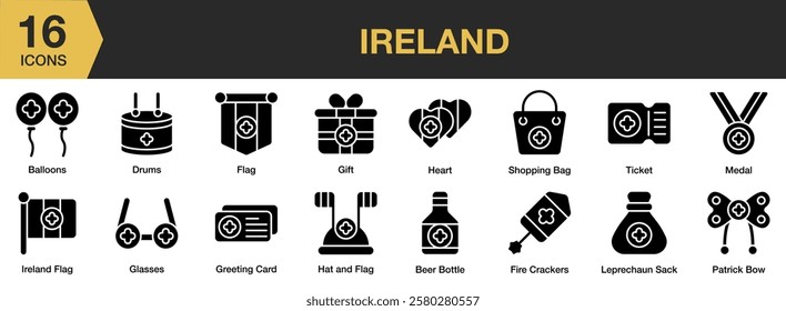 Ireland solid icon set. Includes national, landmark, architecture, coast, europe, and More. Solid icons vector collection.