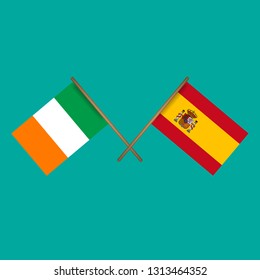 Ireland and Spain crossed flags.Language learning or travel concept.