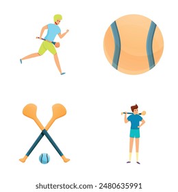 Ireland sport icons set cartoon vector. Player in helmet and hurling equipment. Celtic and gaelic sport