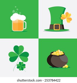 ireland st. patrick`s day symbol icon set- beer mug, leprechaun hat, pot of gold, shamrock and lucky clover plant