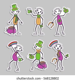 Ireland Stick figure set - paper stickers - Saint Patrick's Day collection, vector