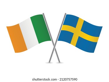 Ireland and Sweden crossed flags. Irish and Swedish flags, isolated on white background. Vector icon set. Vector illustration. 