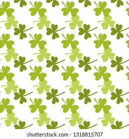 Ireland symbol pattern. St Patrick's Day Clover seamless pattern. Vector illustration for lucky spring design with shamrock. Green clover isolated on white background. Irish decor for web site. 