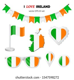 Ireland symbols attributes. Heart, flags, glasses, buttons and garlands with civil and state Ireland colors. Vector illustration for your graphic design.