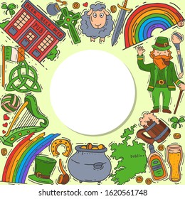 Ireland symbols doodle set vector illustration. St Patrick s day, shamrock, clover, leprechaun and irish pub are all around a circle text or logo place