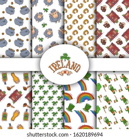 Ireland symbols seamless patterns set. Irish patterned background vector illustration. St. Patrick s Day seamlessly pattern