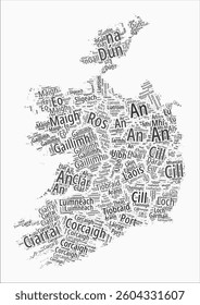Ireland text style regions. Country region names word clouds in Irish language. Modern vector illustration.