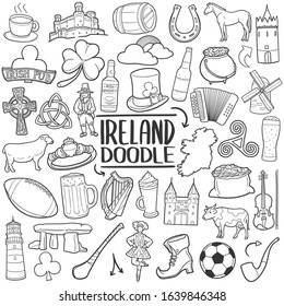 Ireland Travel. Famous Symbols Building. Traditional Doodle Drawn Sketch Hand Made Design Vector.