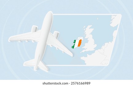 Ireland Travel Illustration with Plane and National Flag. Ideal for travel agencies, promotional materials, or geographic content related to Ireland.