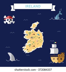 Ireland treasure map in flat design. Colorful cartoon treasure map of Ireland with flat design icons of pirate ship and jolly roger. Ireland flat design vector illustration.