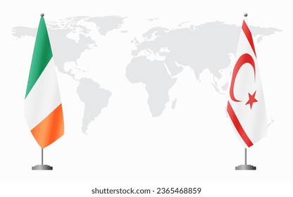 Ireland and Turkish Republic of Northern Cyprus flags for official meeting against background of world map.