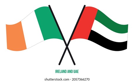 Ireland and UAE Flags Crossed And Waving Flat Style. Official Proportion. Correct Colors.