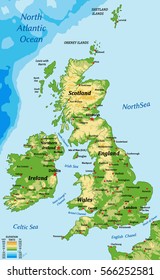 Ireland And United Kingdom Of Great Britain Physical Vector Map With Bathymetry And Main Cities. 