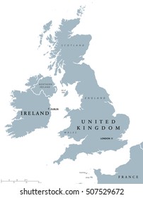 Ireland and United Kingdom political map with capitals Dublin and London and with national borders. Gray illustration of British Isles with English labeling and scaling on white background.