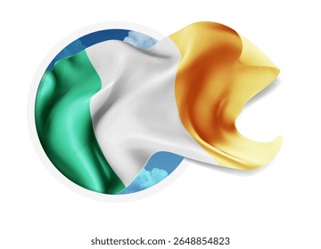 Ireland, vector 3d flag against a blue sky, through a round hole on a white background