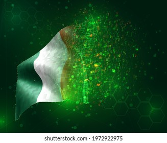 Ireland, vector 3d flag on green background with polygons and data numbers