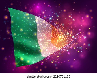 Ireland, vector 3d flag on pink purple background with lighting and flares