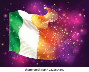 Ireland, vector 3d flag on pink purple background with lighting and flares