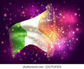 Irland, Vektor-3D-Flagge auf rosafarbenem violettem Hintergrund mit Beleuchtung und Aromen