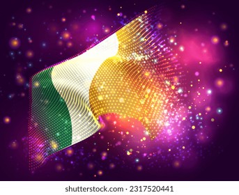 Ireland, vector 3d flag on pink purple background with lighting and flares