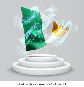 Ireland, vector 3d flag on the podium surrounded by a whirlwind of magical radiance