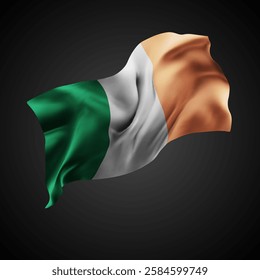 Ireland, vector 3d flag with waves on a black background