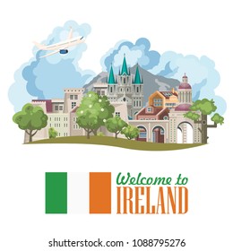 Ireland vector illustration with landmarks and irish castle. Colorful travel template.