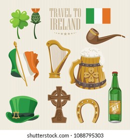 Ireland vector illustration with landmarks and irish castle. Colorful travel template.