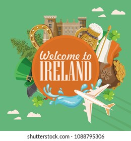 Ireland vector illustration with landmarks and irish castle. Colorful travel template.