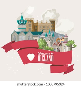 Ireland vector illustration with landmarks and irish castle. Colorful travel template.
