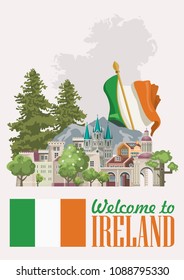 Ireland vector illustration with landmarks and irish castle. Colorful travel template.
