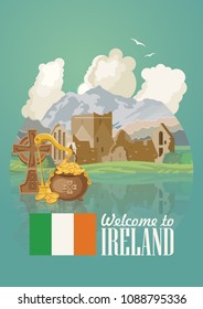 Ireland vector illustration with landmarks and irish castle. Colorful travel template.