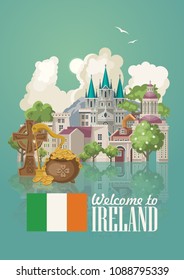 Ireland vector illustration with landmarks and irish castle. Colorful travel template.