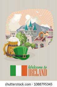 Ireland vector illustration with landmarks and irish castle. Colorful travel template.