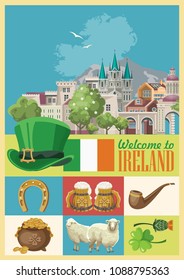 Ireland vector illustration with landmarks and irish castle. Colorful travel template.