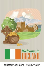 Ireland vector illustration with landmarks and irish castle. Colorful travel template.