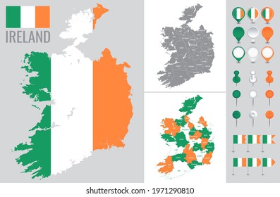 Ireland vector map with flag, globe and icons on white background