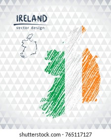 Ireland vector map with flag inside isolated on a white background. Sketch chalk hand drawn illustration