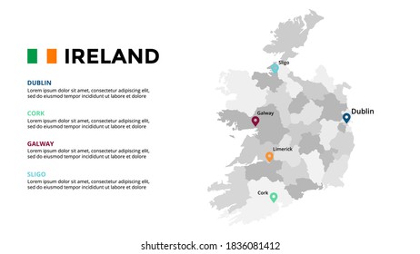 Plantilla de infografía de mapas vectoriales de Irlanda. Presentación con diapositivas. Concepto de marketing comercial global. País de Europa de colores. Datos geográficos del transporte mundial. 