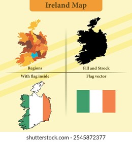 Mapa de vetor da Irlanda com regiões sobreposição de bandeira de silhueta preta e bandeira autônoma ideal para materiais educacionais infográficos e projetos de design que mostram a geografia e a identidade do Azerbaijão