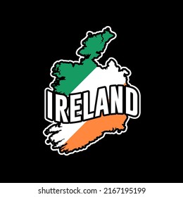 Ireland vector map silhouette illustration isolated on black background. Sticker, made in Ireland, map, silhouette, flag, emblem, identity, nation.