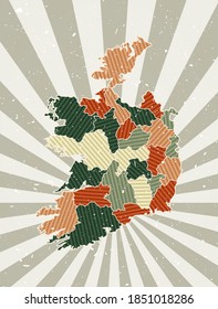 Ireland vintage map. Grunge poster with map of the country in retro color palette. Shape of Ireland with sunburst rays background. Vector illustration.
